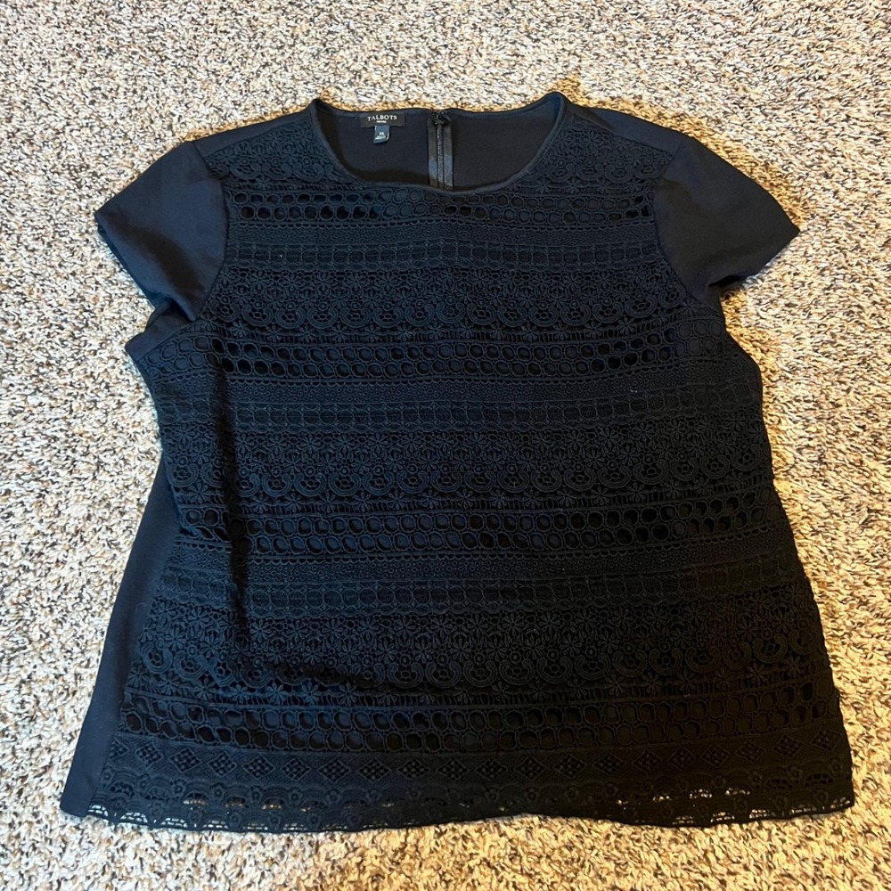 Talbots Petites Black Lace Trim Short Sleeve‎ Zipper Back Top XL Petite